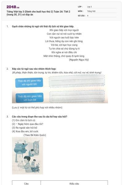 Tiếng Việt lớp 3 (Dành cho buổi học thứ 2) Tuần 26: Tiết 2 (trang 30, 31) có đáp án