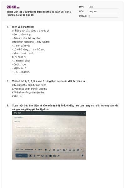 Tiếng Việt lớp 3 (Dành cho buổi học thứ 2) Tuần 26: Tiết 3 (trang 31, 32) có đáp án