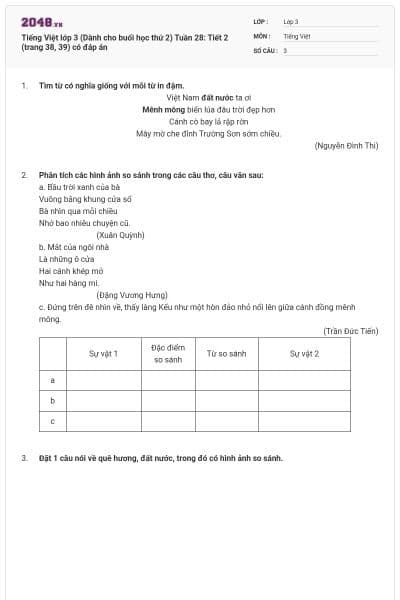Tiếng Việt lớp 3 (Dành cho buổi học thứ 2) Tuần 28: Tiết 2 (trang 38, 39) có đáp án