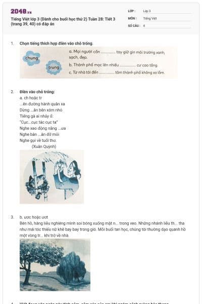Tiếng Việt lớp 3 (Dành cho buổi học thứ 2) Tuần 28: Tiết 3 (trang 39, 40) có đáp án
