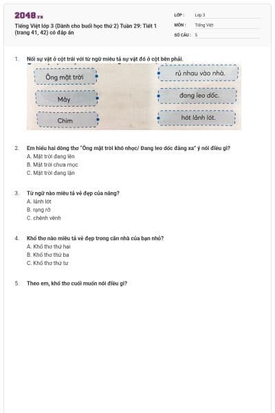 Tiếng Việt lớp 3 (Dành cho buổi học thứ 2) Tuần 29: Tiết 1 (trang 41, 42) có đáp án