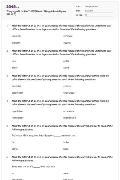 Tổng hợp đề thi thử THPTQG môn Tiếng Anh có đáp án (Đề số 6)