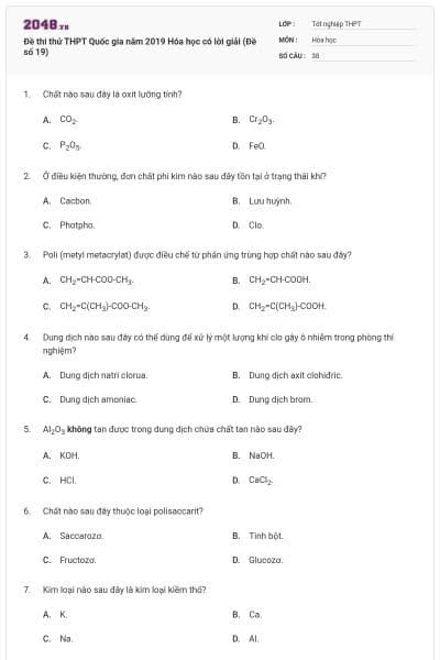 Đề thi thử THPT Quốc gia năm 2019 Hóa học có lời giải (Đề số 19)