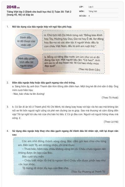 Tiếng Việt lớp 3 (Dành cho buổi học thứ 2) Tuần 30: Tiết 2 (trang 45, 46) có đáp án
