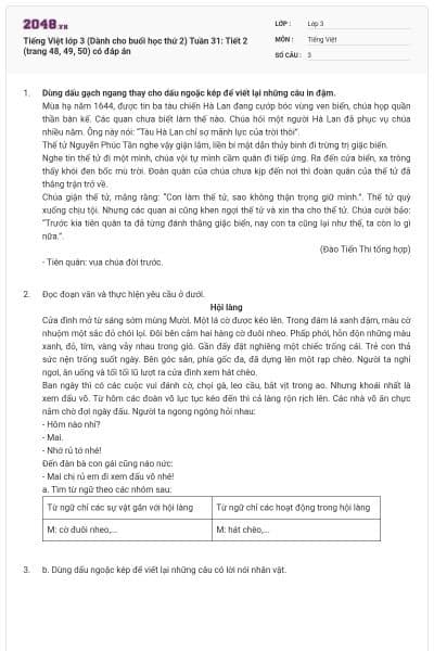 Tiếng Việt lớp 3 (Dành cho buổi học thứ 2) Tuần 31: Tiết 2 (trang 48, 49, 50) có đáp án