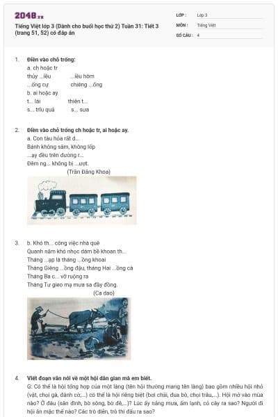 Tiếng Việt lớp 3 (Dành cho buổi học thứ 2) Tuần 31: Tiết 3 (trang 51, 52) có đáp án