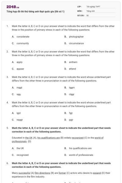 Tổng hợp đề thi thử tiếng anh thpt quốc gia (Đề số 1)