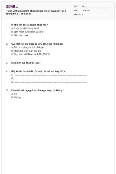 Tiếng Việt lớp 3 (Dành cho buổi học thứ 2) Tuần 33: Tiết 1 (trang 56, 57) có đáp án