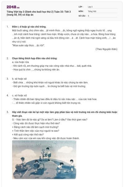 Tiếng Việt lớp 3 (Dành cho buổi học thứ 2) Tuần 33: Tiết 3 (trang 58, 59) có đáp án