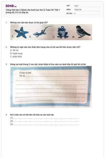 Tiếng Việt lớp 3 (Dành cho buổi học thứ 2) Tuần 34: Tiết 1 (trang 60, 61) có đáp án