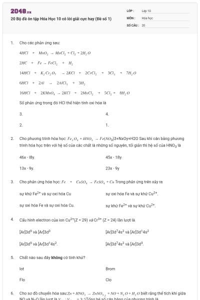 20 Bộ đề ôn tập Hóa Học 10 có lời giải cực hay (Đề số 1)