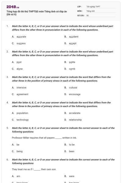 Tổng hợp đề thi thử THPTQG môn Tiếng Anh có đáp án (Đề số 6)