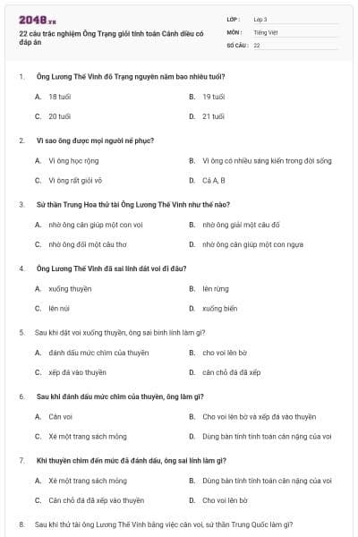 22 câu trắc nghiệm Ông Trạng giỏi tính toán Cánh diều có đáp án