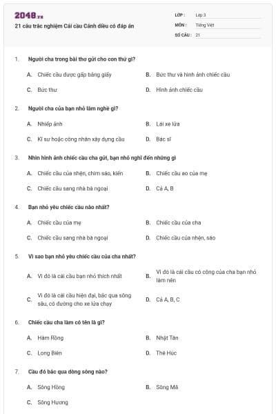 21 câu trắc nghiệm Cái cầu Cánh diều có đáp án