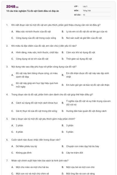 10 câu trắc nghiệm Tả đồ vật Cánh diều có đáp án