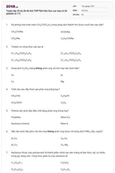 Tuyển tập 20 bộ đề thi thử THPTQG Hóa Học cực hay có lời giải(Đề số 17)