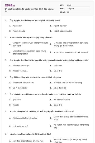 21 câu trắc nghiệm Từ cậu bé làm thuê Cánh diều có đáp án