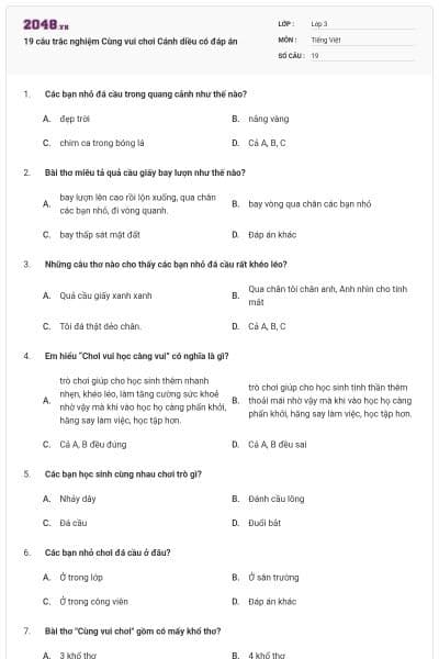 19 câu trắc nghiệm Cùng vui chơi Cánh diều có đáp án