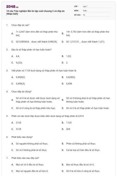 10 câu Trắc nghiệm Bài ôn tập cuối chương 2 có đáp án (Nhận biết)