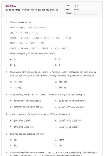 20 Bộ đề ôn tập Hóa Học 10 có lời giải cực hay (Đề số 1)