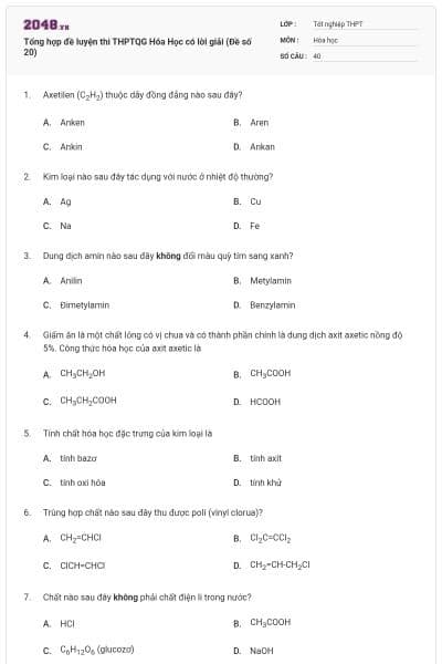 Tổng hợp đề luyện thi THPTQG Hóa Học có lời giải (Đề số 20)