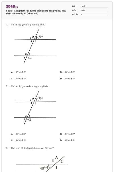 5 câu Trắc nghiệm Hai đường thẳng song song và dấu hiệu nhận biết có đáp án (Nhận biết)