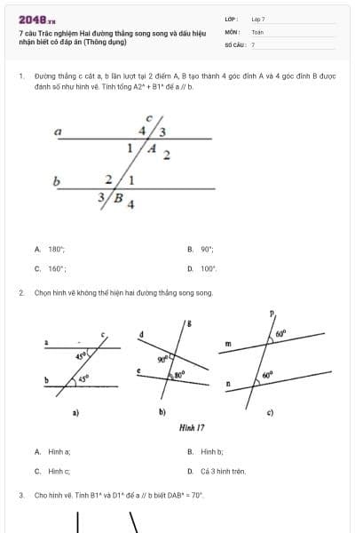 7 câu Trắc nghiệm Hai đường thẳng song song và dấu hiệu nhận biết có đáp án (Thông dụng)