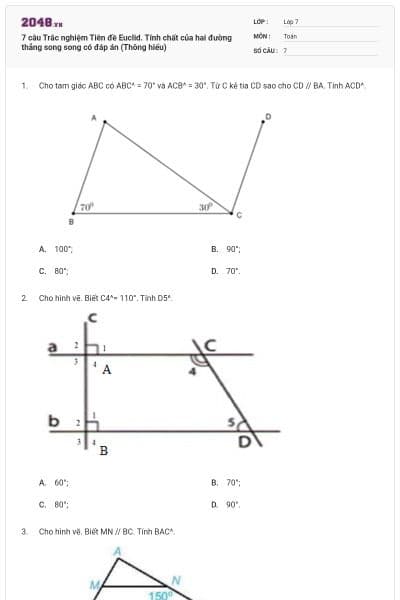 7 câu Trắc nghiệm Tiên đề Euclid. Tính chất của hai đường thẳng song song có đáp án (Thông hiểu)
