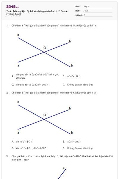7 câu Trắc nghiệm Định lí và chứng minh định lí có đáp án (Thông dụng)
