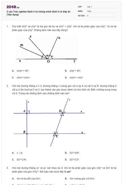 3 câu Trắc nghiệm Định lí và chứng minh định lí có đáp án (Vận dụng)