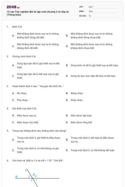 15 câu Trắc nghiệm Bài ôn tập cuối chương 3 có đáp án (Thông hiểu)