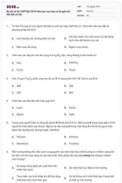 Bộ đề ôn thi THPTQG 2019 Hóa học cực hay có lời giải chi tiết (Đề số 20)