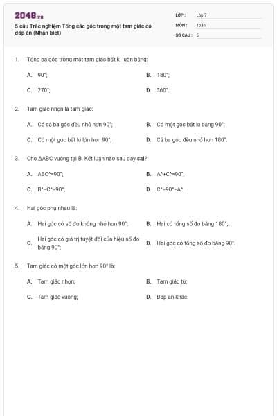 5 câu Trắc nghiệm Tổng các góc trong một tam giác có đáp án (Nhận biết)