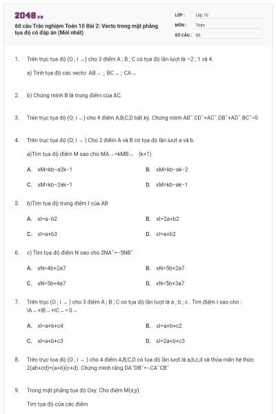60 câu Trắc nghiệm Toán 10 Bài 2: Vecto trong mặt phẳng tọa độ có đáp án (Mới nhất)