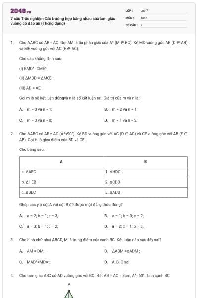 7 câu Trắc nghiệm Các trường hợp bằng nhau của tam giác vuông có đáp án (Thông dụng)