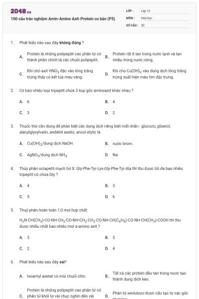 100 câu trắc nghiệm Amin-Amino Axit-Protein cơ bản (P5)