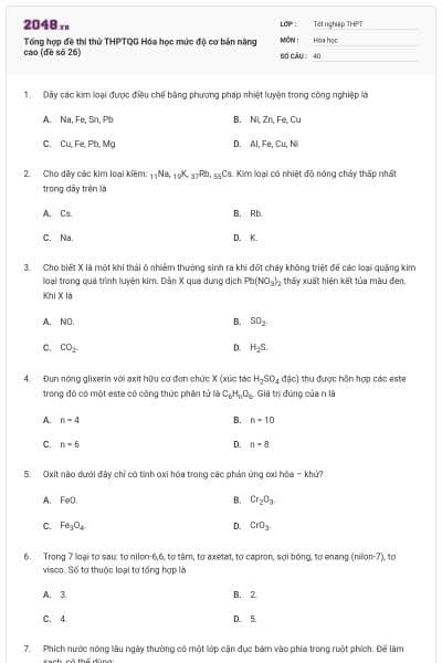 Tổng hợp đề thi thử THPTQG Hóa học mức độ cơ bản nâng cao (đề số 26)