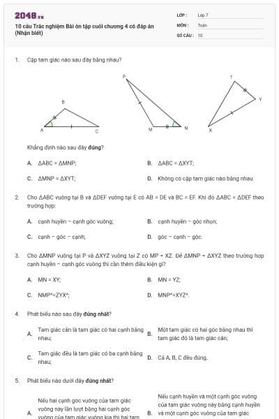 10 câu Trắc nghiệm Bài ôn tập cuối chương 4 có đáp án (Nhận biết)
