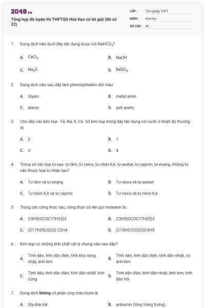 Tổng hợp đề luyện thi THPTQG Hóa Học có lời giải (Đề số 22)