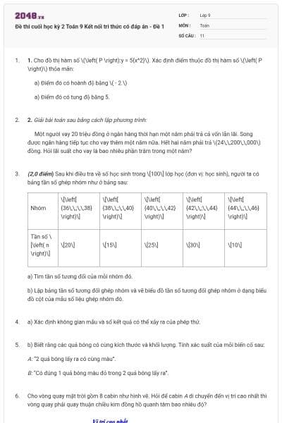 Đề thi cuối học kỳ 2 Toán 9 Kết nối tri thức có đáp án - Đề 1