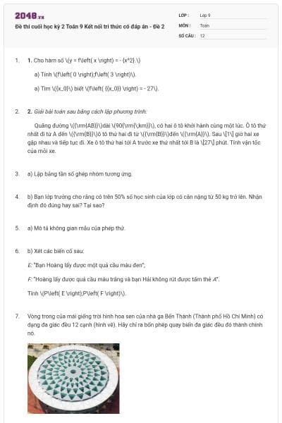 Đề thi cuối học kỳ 2 Toán 9 Kết nối tri thức có đáp án - Đề 2