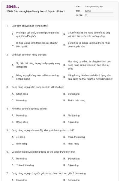 2500+ Câu trắc nghiệm Sinh lý học có đáp án - Phần 1