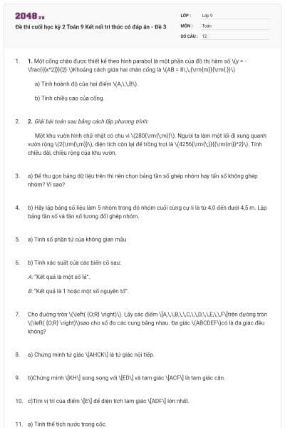 Đề thi cuối học kỳ 2 Toán 9 Kết nối tri thức có đáp án - Đề 3