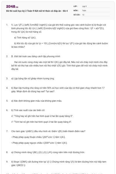 Đề thi cuối học kỳ 2 Toán 9 Kết nối tri thức có đáp án - Đề 4