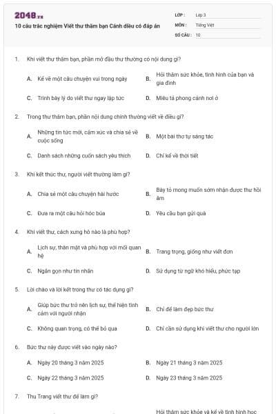 10 câu trắc nghiệm Viết thư thăm bạn Cánh diều có đáp án