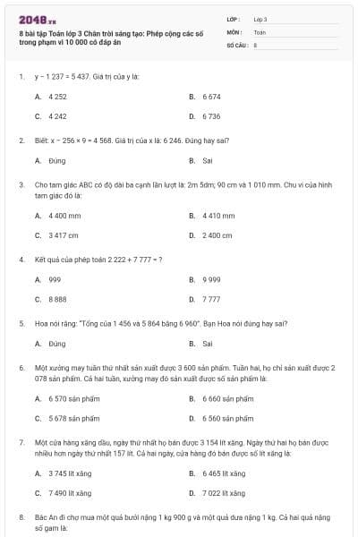 8 bài tập Toán lớp 3 Chân trời sáng tạo: Phép cộng các số trong phạm vi 10 000 có đáp án
