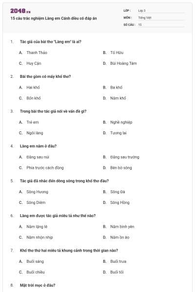 15 câu trắc nghiệm Làng em Cánh diều có đáp án