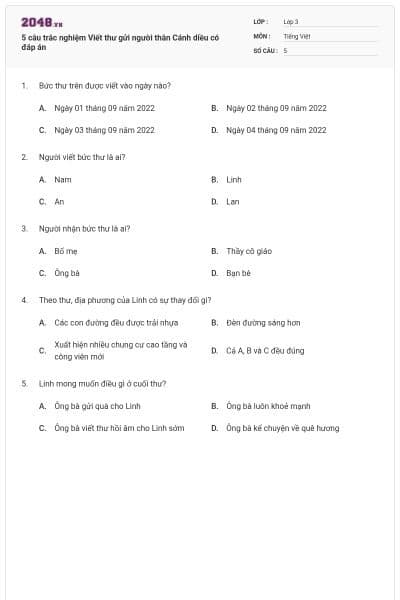 5 câu trắc nghiệm Viết thư gửi người thân Cánh diều có đáp án