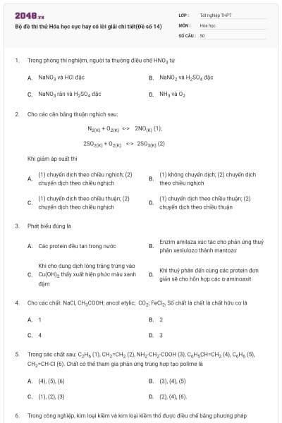 Bộ đề thi thử Hóa học cực hay có lời giải chi tiết(Đề số 14)