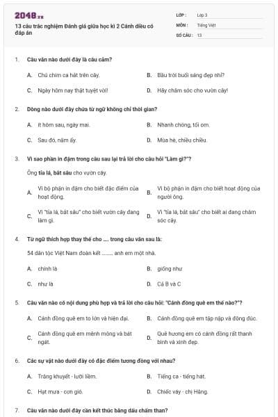 13 câu trắc nghiệm Đánh giá giữa học kì 2 Cánh diều có đáp án